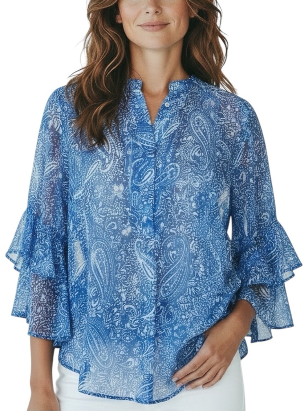 NWT VINCE CAMUTO Blue Metallic Paisley Flutter Sleeve Blouse Size Medium